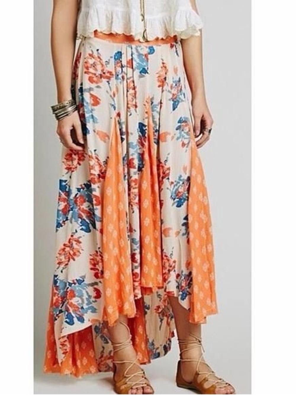 Free People Coral and Blue Floral High-Low Maxi Skirt